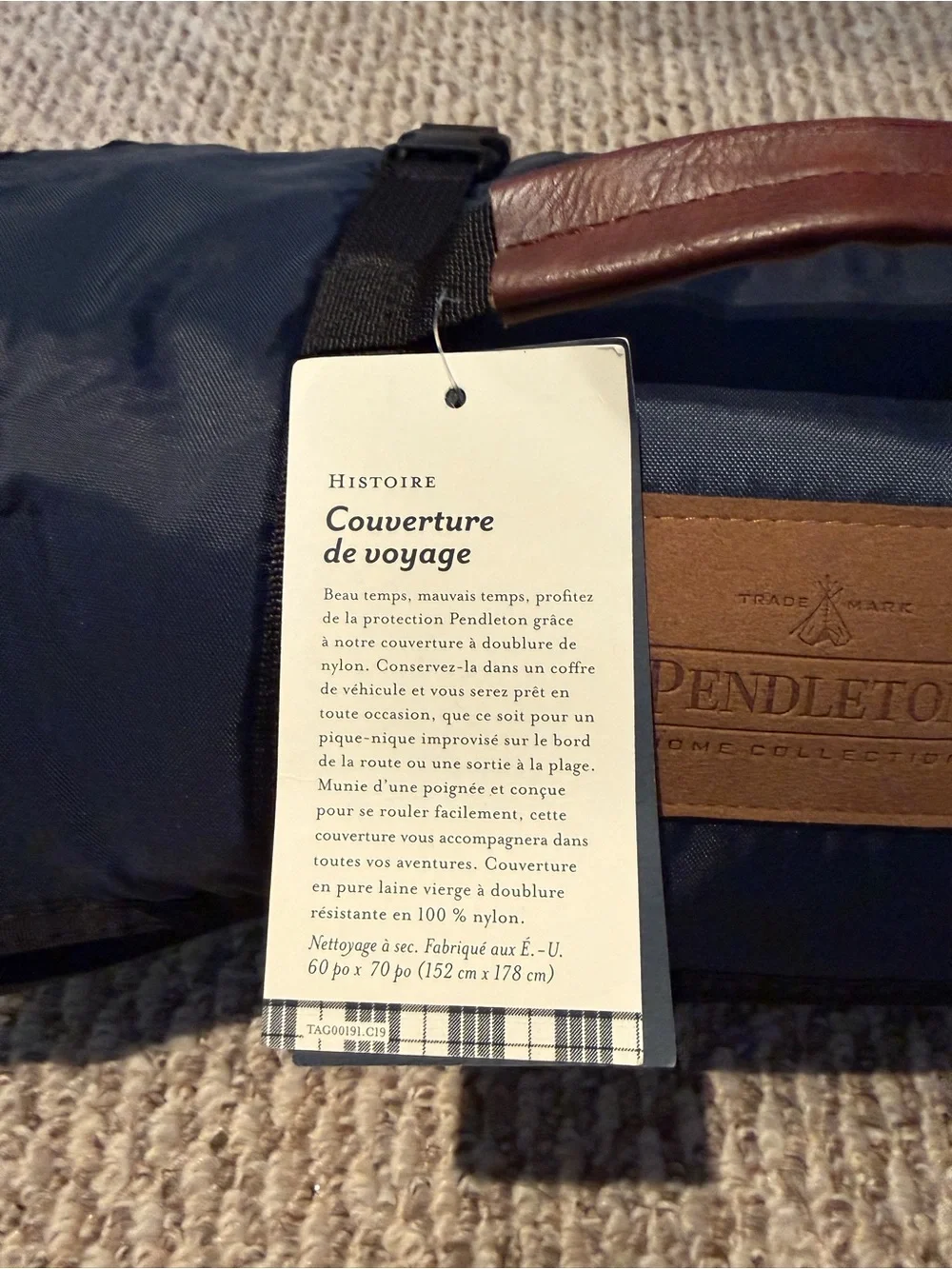 Pendleton Navy Duffel-Style Roll-Up Picnic Blanket Carrier with Plaid Trim